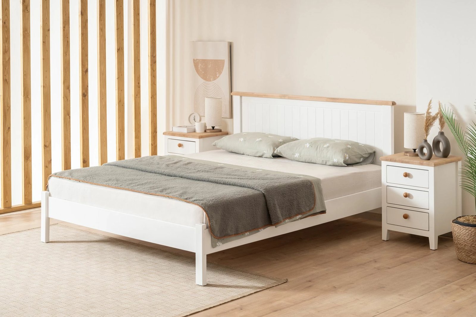 Krevat dopio Skye Decor, stil modern country, 160x200, ngjyrë e bardhë dhe lis