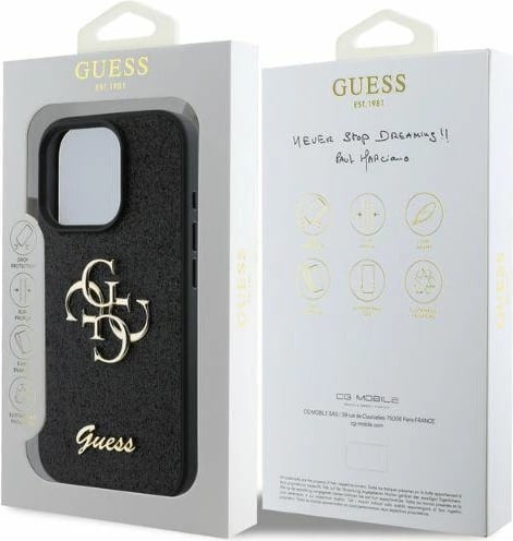 Mbështjellës Guess Fixed Glitter Big 4G për iPhone 16 Pro, i zi
