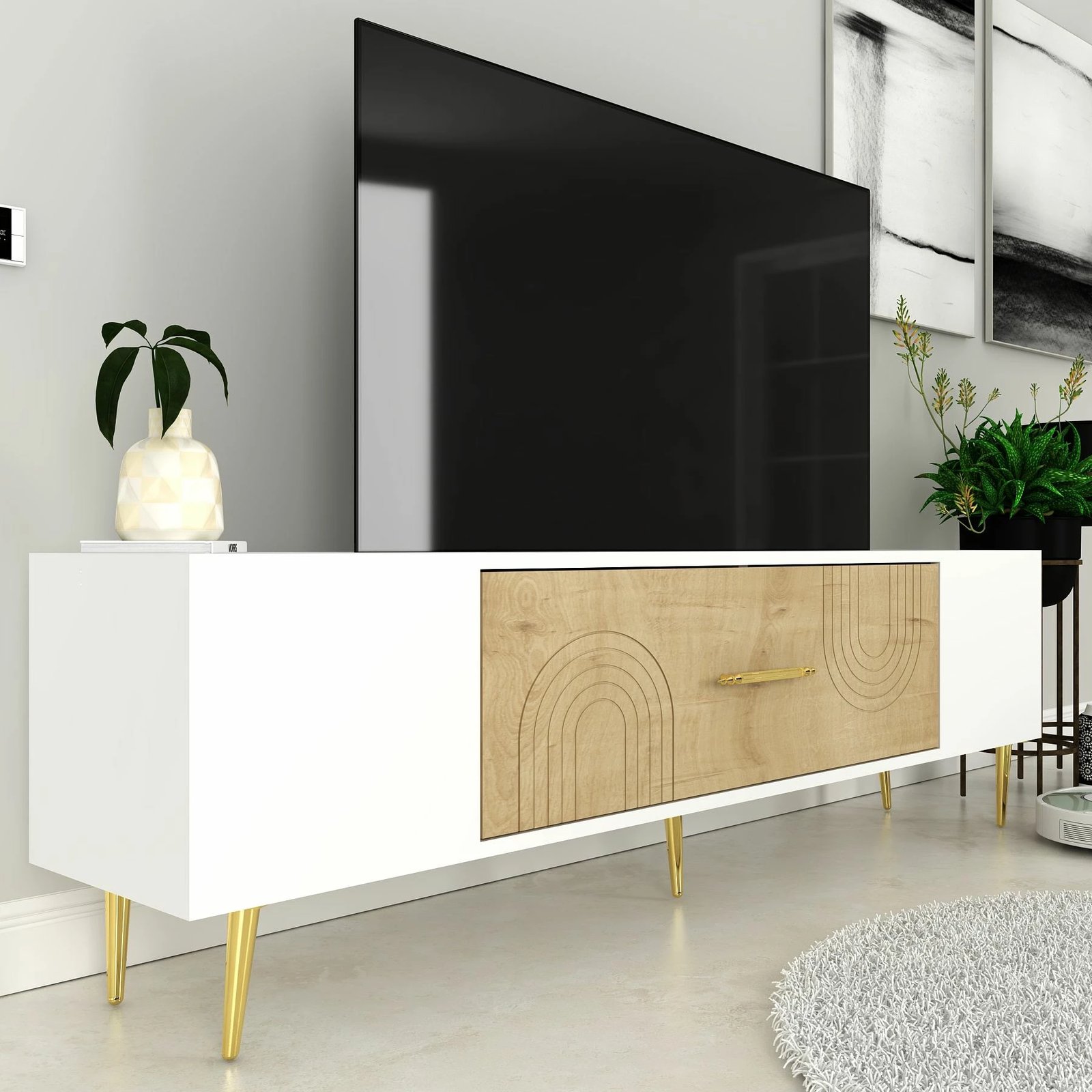 Komodë TV Skye Decor, e bardhë, lis safir, e artë, Dekol2