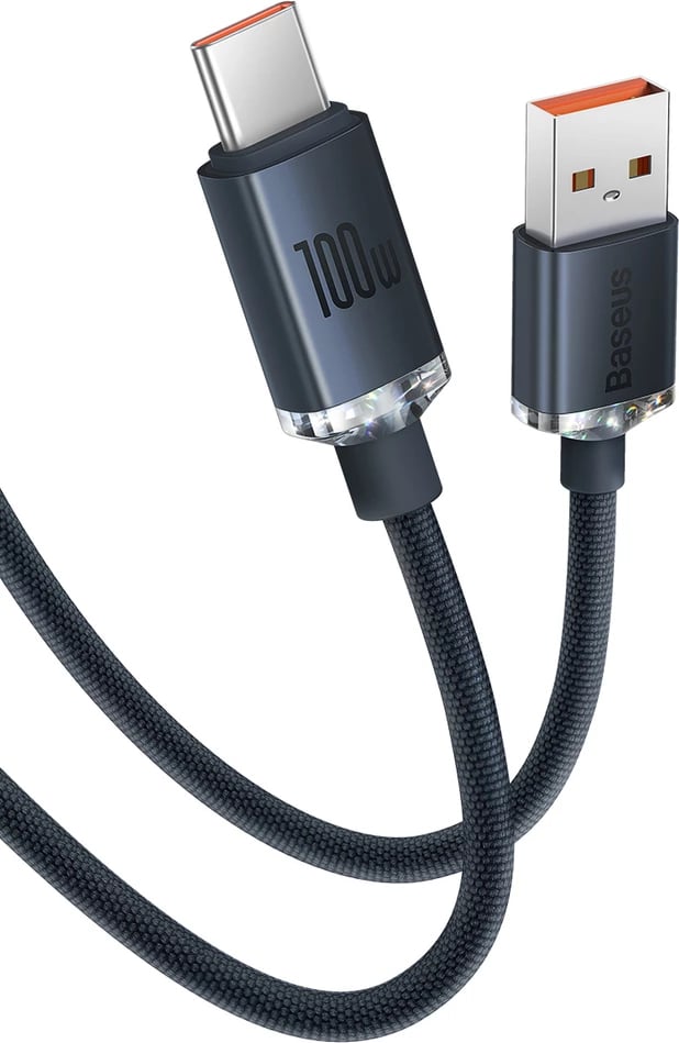 Kabllo për karikim të shpejtë Baseus Crystal Shine Series, USB-A në USB-C, 1.2m, 100W, e zezë