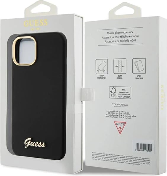 Mbështjellës Guess Silicone Script Metal Logo & Frame për iPhone 15, i zi