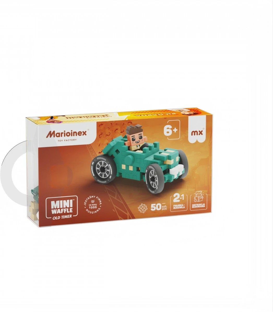 Set blloqe ndërtimi Marioinex Mini Waffle, 50 elemente, makinë garash, turkuaz