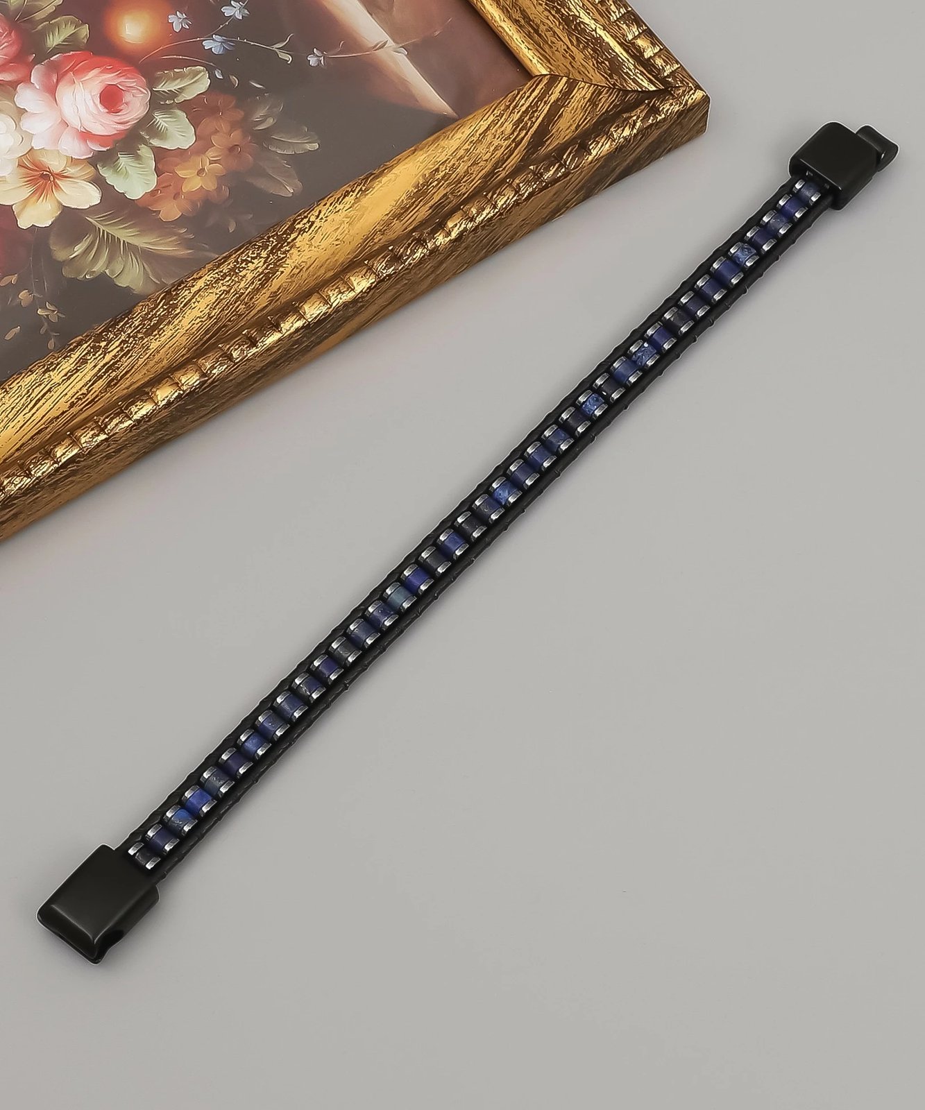 Byzylyk Jumeon, gurë navy lapis dhe hematit, lëkurë, ngjyrë blu e errët, YRABL2059, 17cm