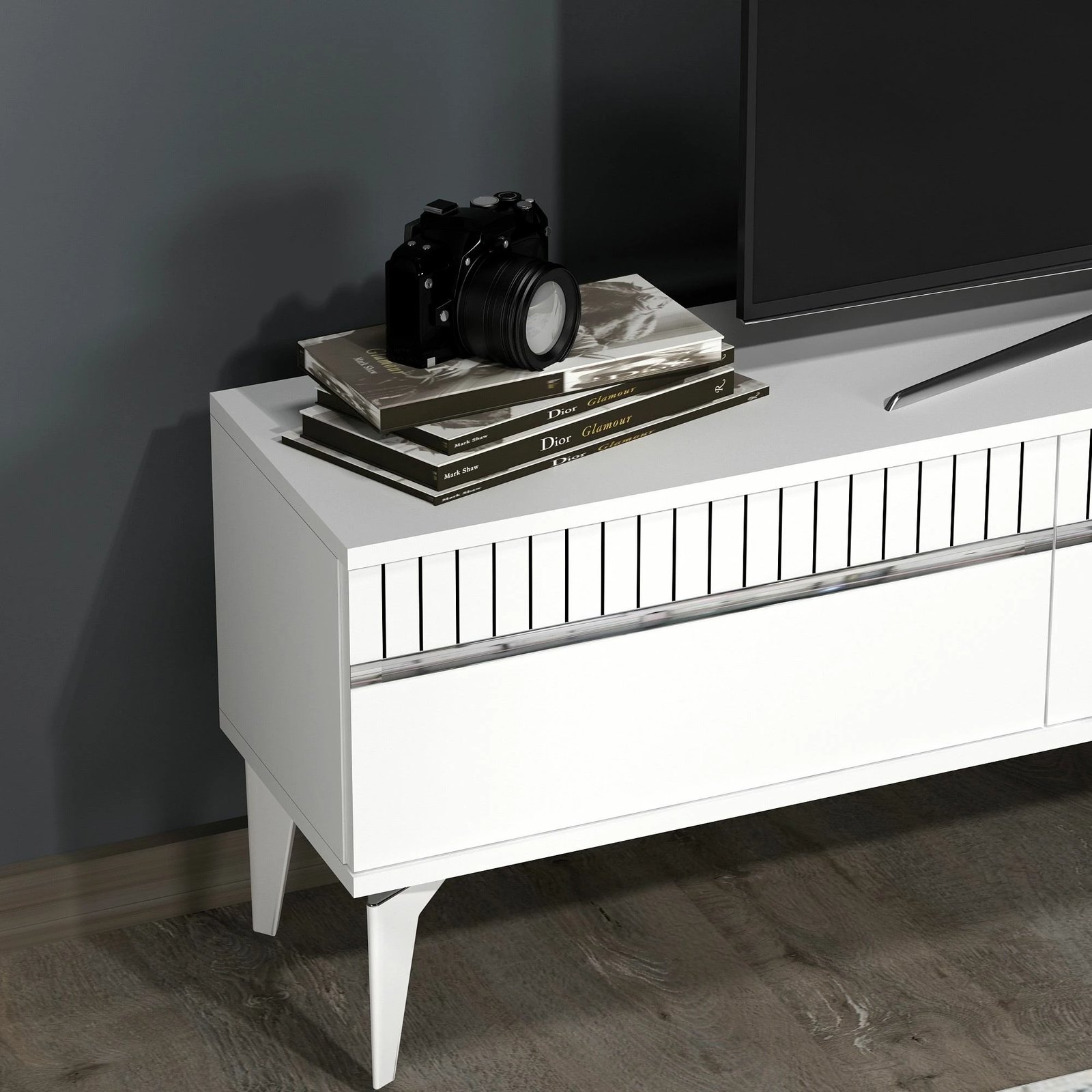 Komodë për TV, Skye Decor, ngjyrë e bardhë dhe argjend