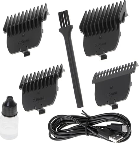 Makinë rroje trimmer Adler AD 2836, bateri 1400 mAh, teh qeramik me veshje titan gri, USB‑C, gjatësia pa kapak 0.9 mm, argjendtë, set me 4 krehra