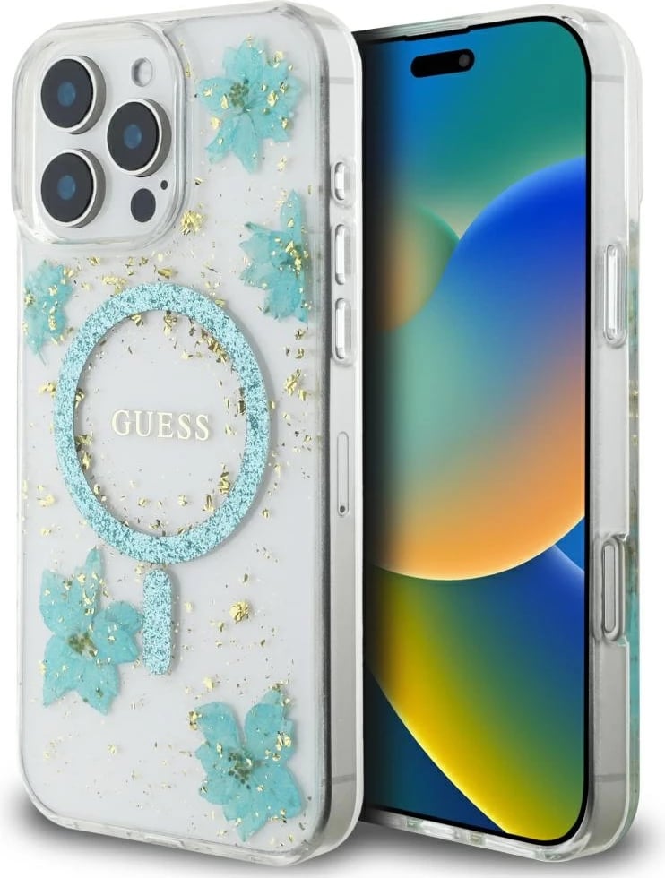 Mbështjellës Guess Resin Flowers Glitter MagSafe për iPhone 16 Pro Max, Transparent/Kaltër