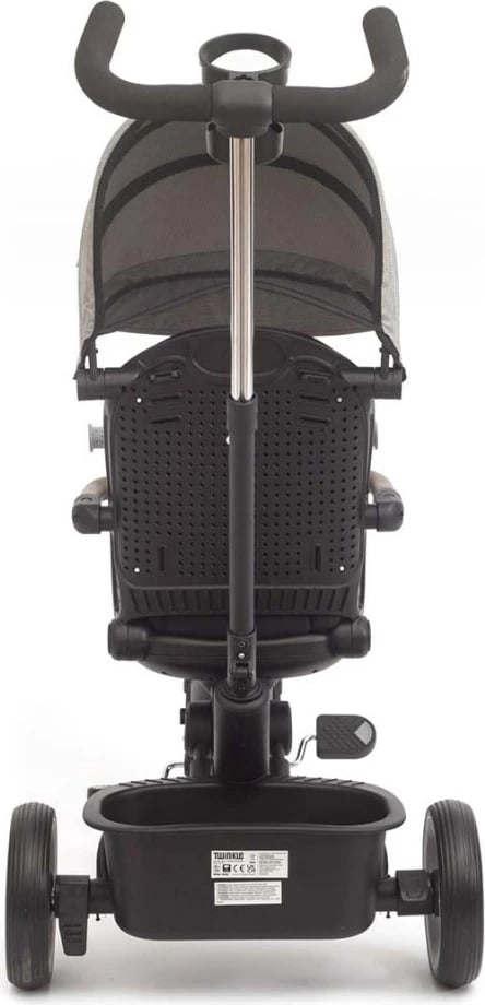 tricikletë për fëmijë, Milly Mally Twinkle, sedilje rrotulluese 180°, timon prindëror i rregullueshëm, dritë LED, kornizë çeliku, gri