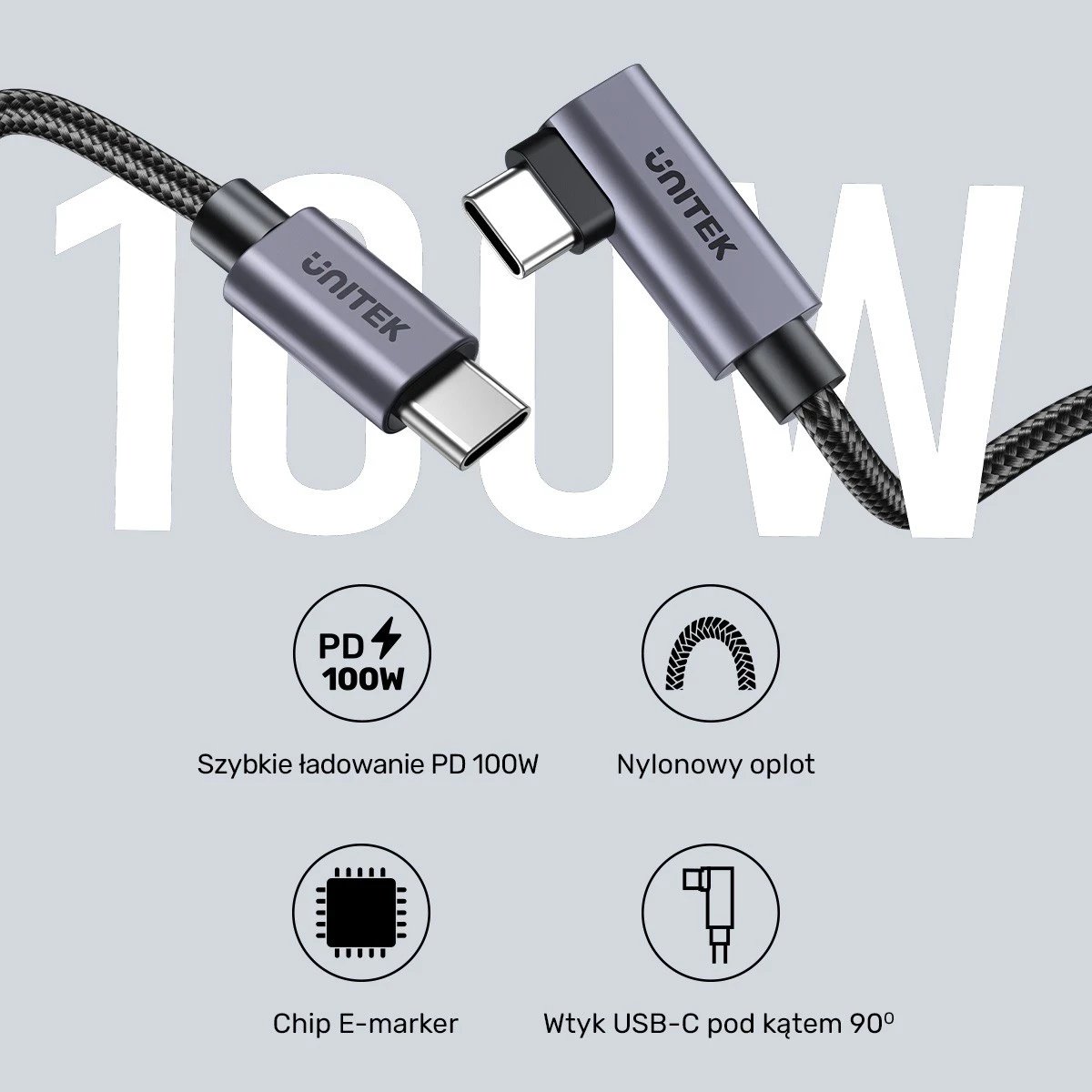 Kabllo Unitek USB-C me kënd 90° PD100W 0,5m, ngjyrë zi-hiri Kabllo Unitek USB-C me kënd 90° PD100W 0,5m, ngjyrë zi-hiri