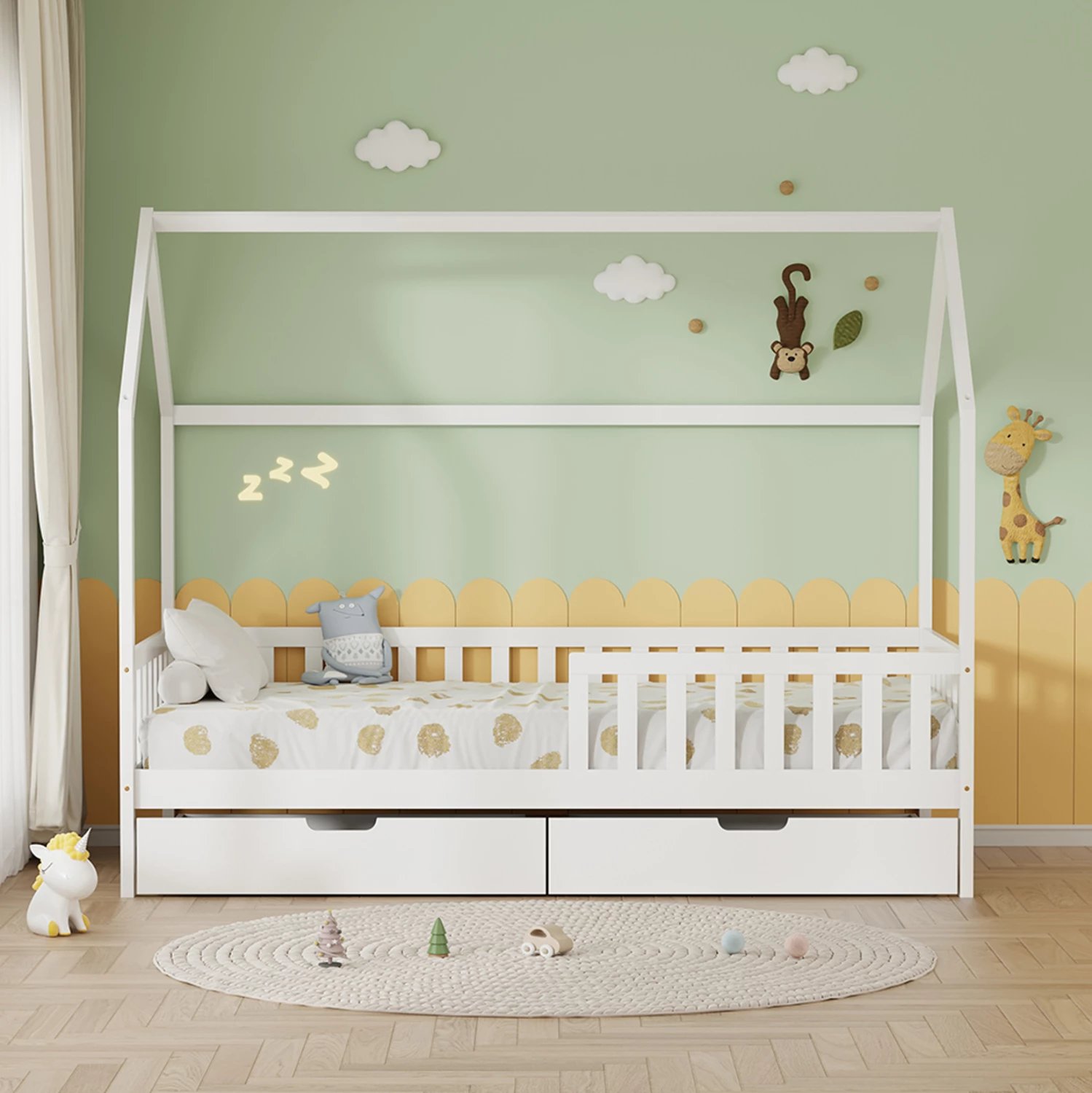 Krevat për fëmijë me sirtarë, stil Montessori, dru i bardhë, PHYLLIS FH724.03, 196x97x161cm