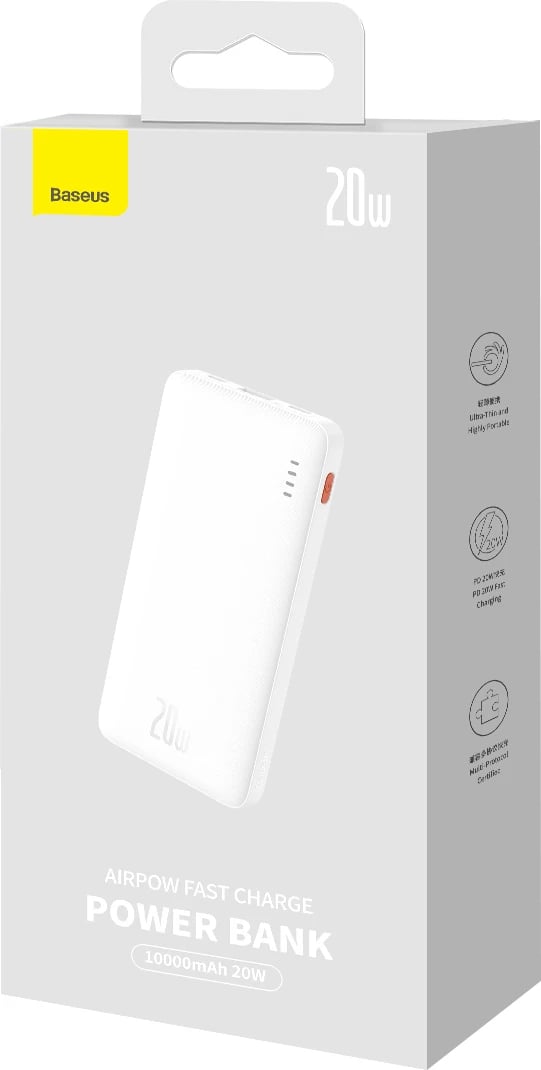 Powerbank Baseus Airpow 10000mAh 20W me kabllo USB-A në USB-C, Bardhë