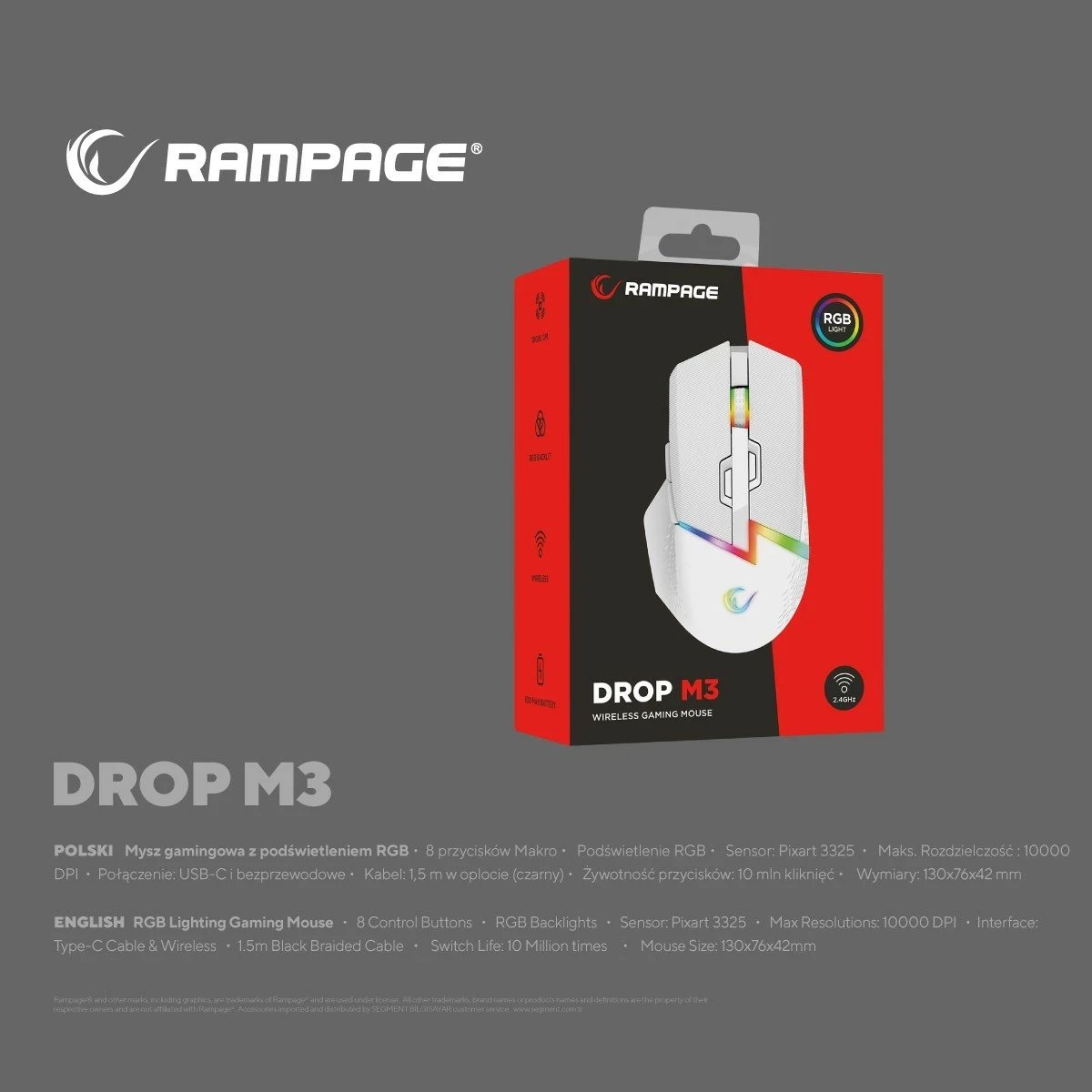 Maus Rampage DROP M3 RGB 1000Hz 10000 DPI i bardhë