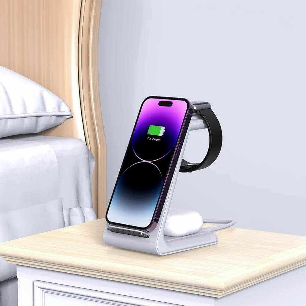 Stacion karikimi pa tela Tech-Protect QI15W-A36 3-në-1, për Apple, Bardhë