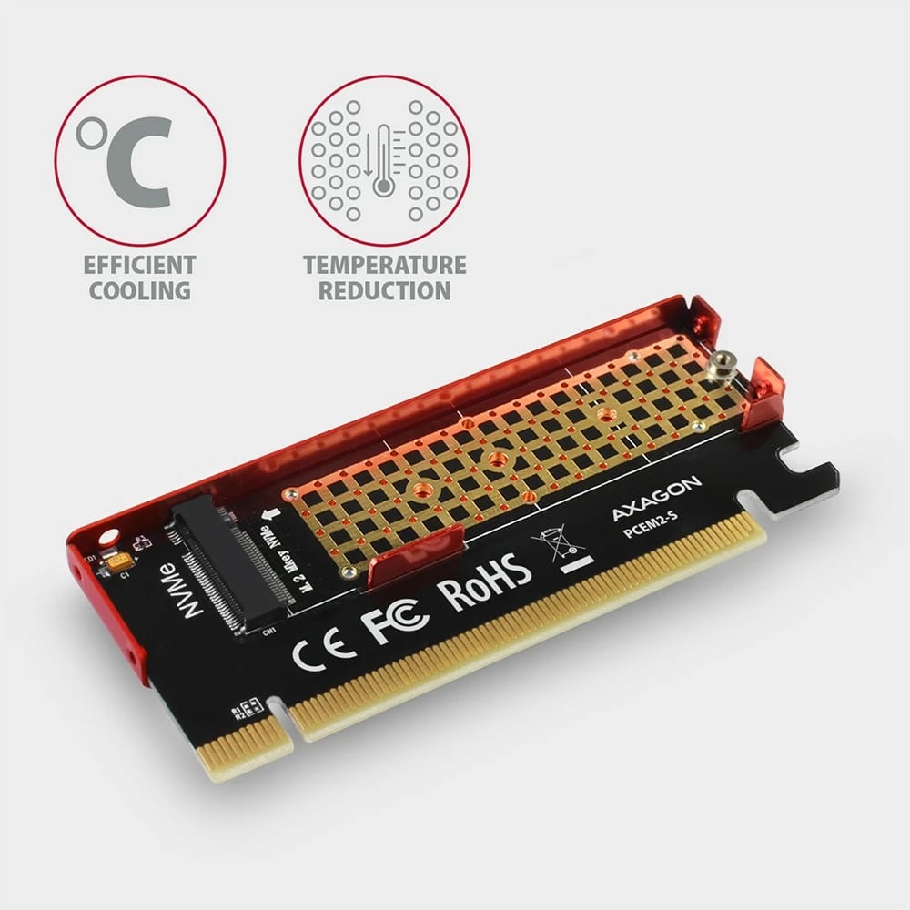 Kasë adapter AXAGON PCEM2-S për NVMe M.2 SSD, PCIe x16, me mbulesë alumini, e kuqe