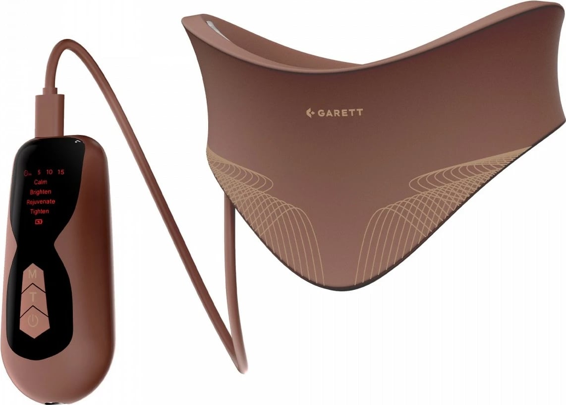 Maskë LED fytyrë & qafë, Garett Beauty Skin Ritual, 4 spektra (660/850/525/590 nm), kontrollues me ekran, IPX6, bateri rikarikueshme, set 2 pjesë, kafe