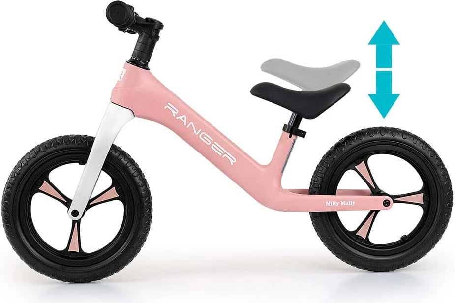 bicikletë balancuese, Milly Mally, Ranger, rrota 12" EVA pa shpim, kornizë kompozite e lehtë, ulëse e rregullueshme 35-41 cm, 2+ vjeç, ngarkesa 25 kg, rozë