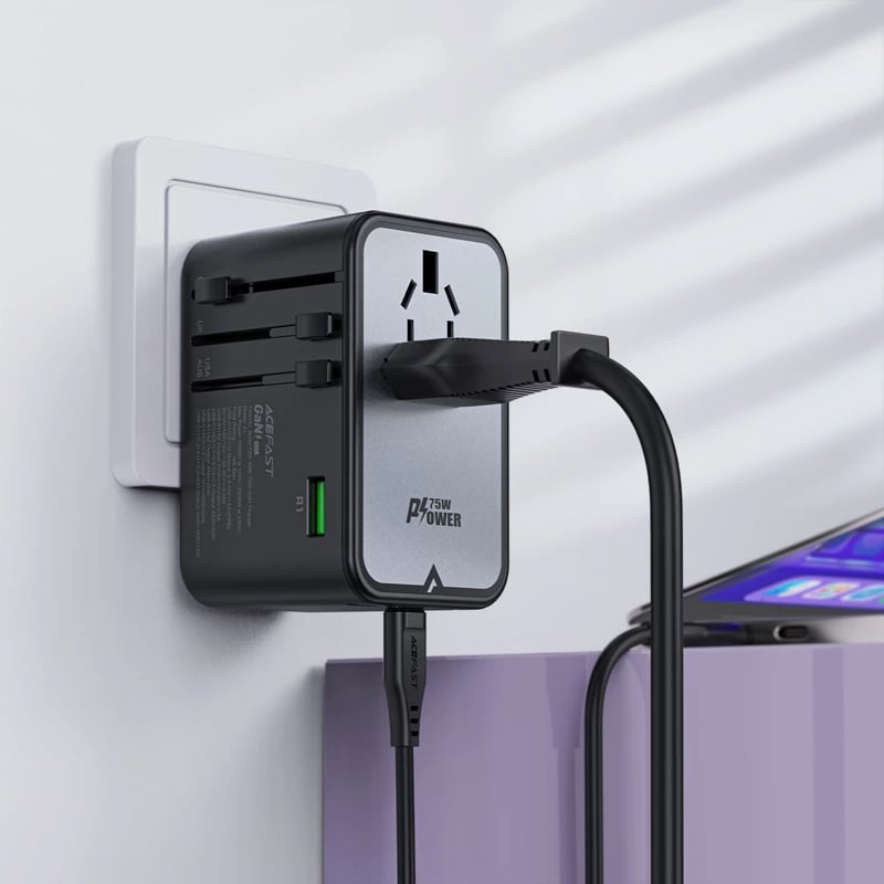 Karikues udhëtimi Acefast Z1 GaN, 75W, 3x USB-C, 2x USB-A, i zi