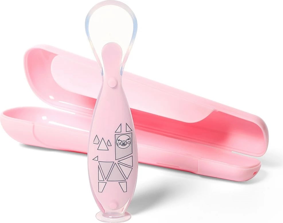 Lugë silikoni me thithëse, Baby Ono, me kuti mbrojtëse, pa BPA, 6m+, rozë, set 1 lugë + kuti