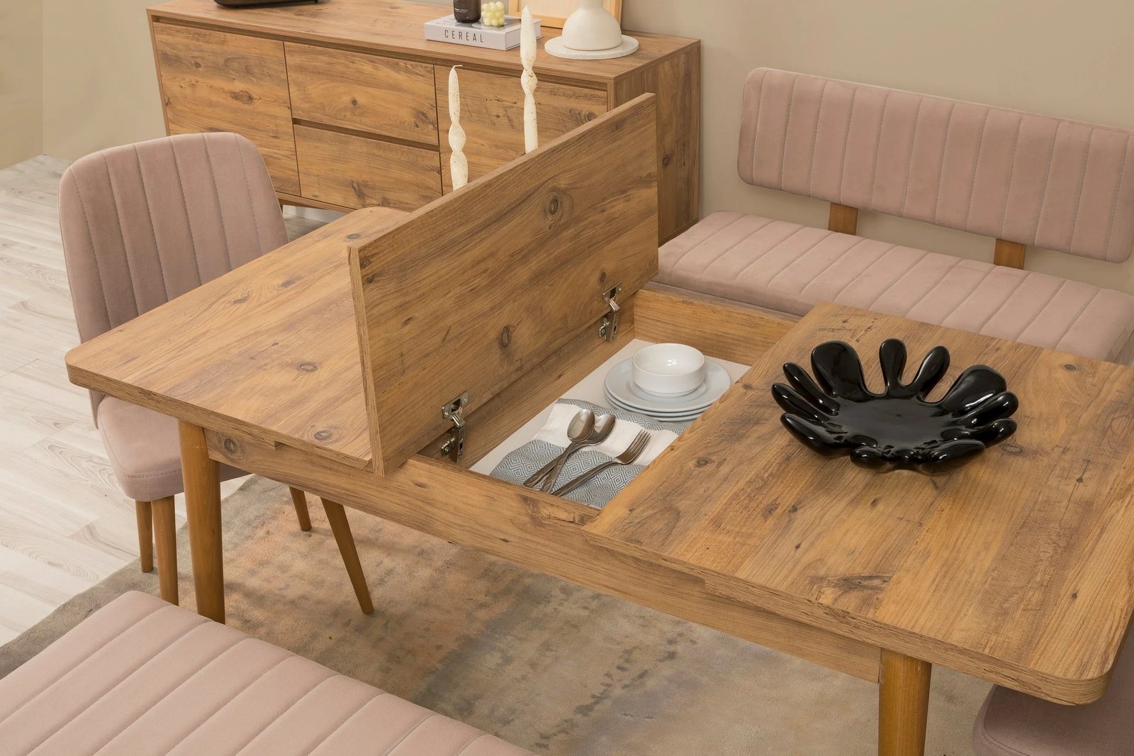 Set tavoline me karrige, bankë, konsolë, zgjatje, 6 pjesë, Skye Decor, Vina Bench 04 0900, ngjyrë Atlantic Pine, Stone