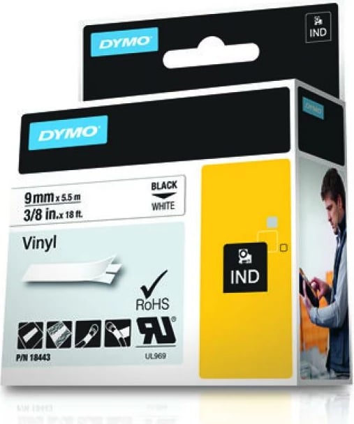 Shirit etiketime vinil, Dymo, 18443 S0718580, 9mm x 5.5m, e zezë në të bardhë