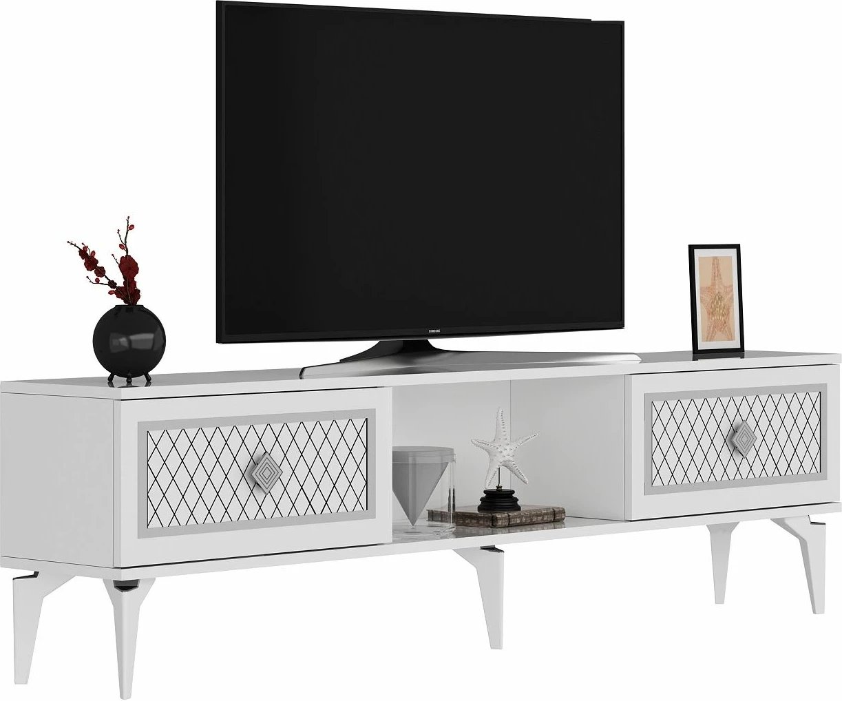 Komodë TV Skye Decor, e bardhë, argjend