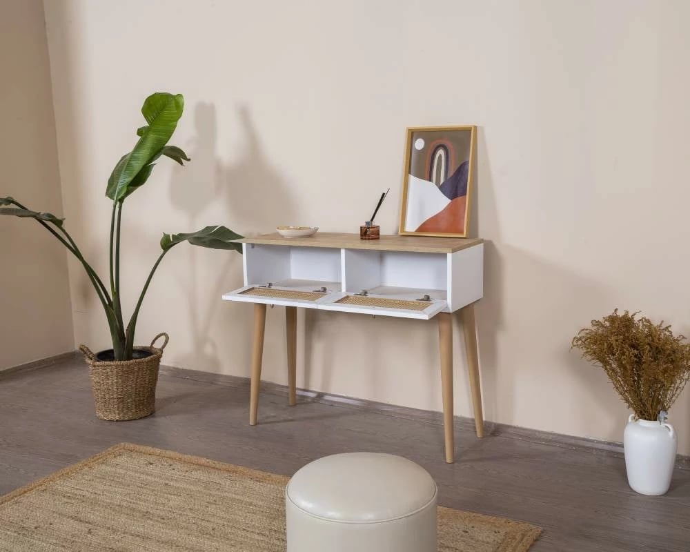 Komodë Skye Decor, stil bohem, e bardhë dhe lis