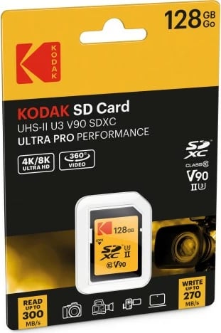 Kartelë memorie Kodak SDXC 128GB UHS-II U3 V90, e zezë/portokalli Kartelë memorie Kodak SDXC 128GB UHS-II U3 V90, e zezë/portokalli