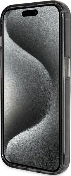 Mbështjellës Guess Ring Stand Script Glitter MagSafe për iPhone 15 Pro Max, i zi