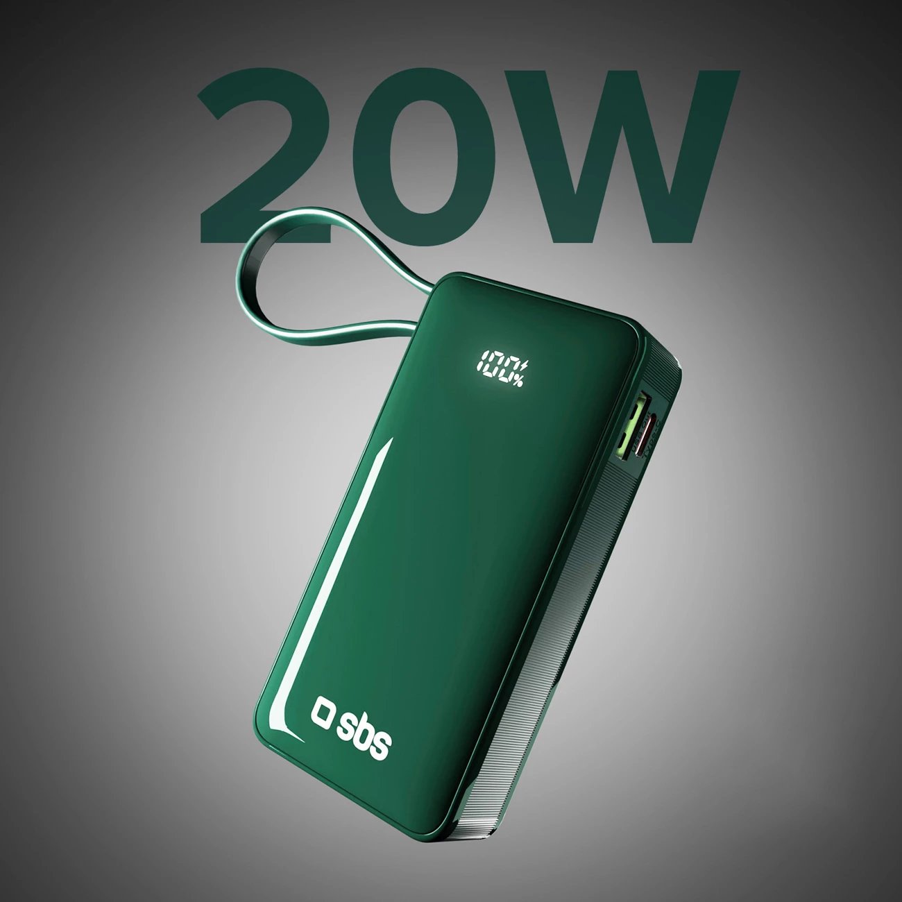 Powerbank SBS 10000 mAh 20W me kabllo USB-C të integruar dhe ekran digjital, e gjelbër