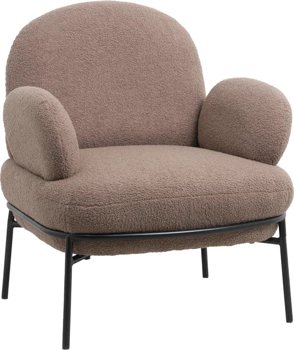 Fotelje Jaycob, stof boucle ngjyrë kafe, këmbë metalike të zeza, 74x71x83cm