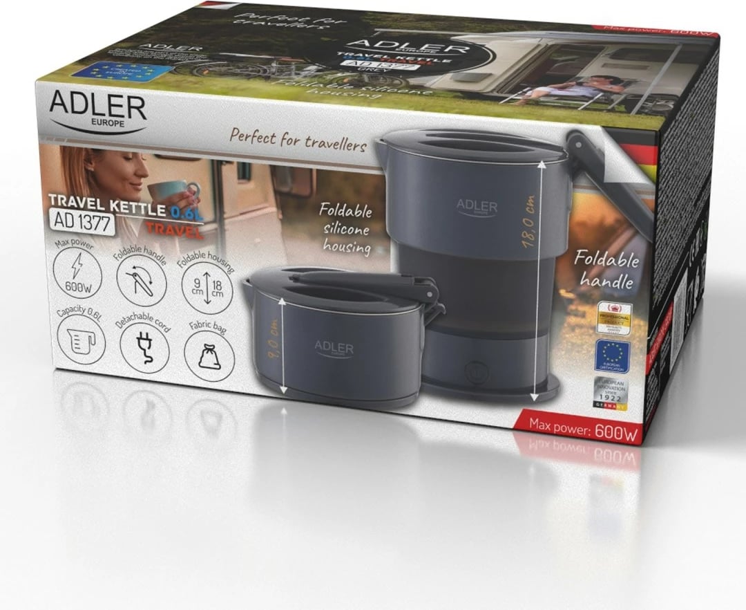 Ibrik elektrik Adler AD 1377g, silikon, 0.6L, Gri