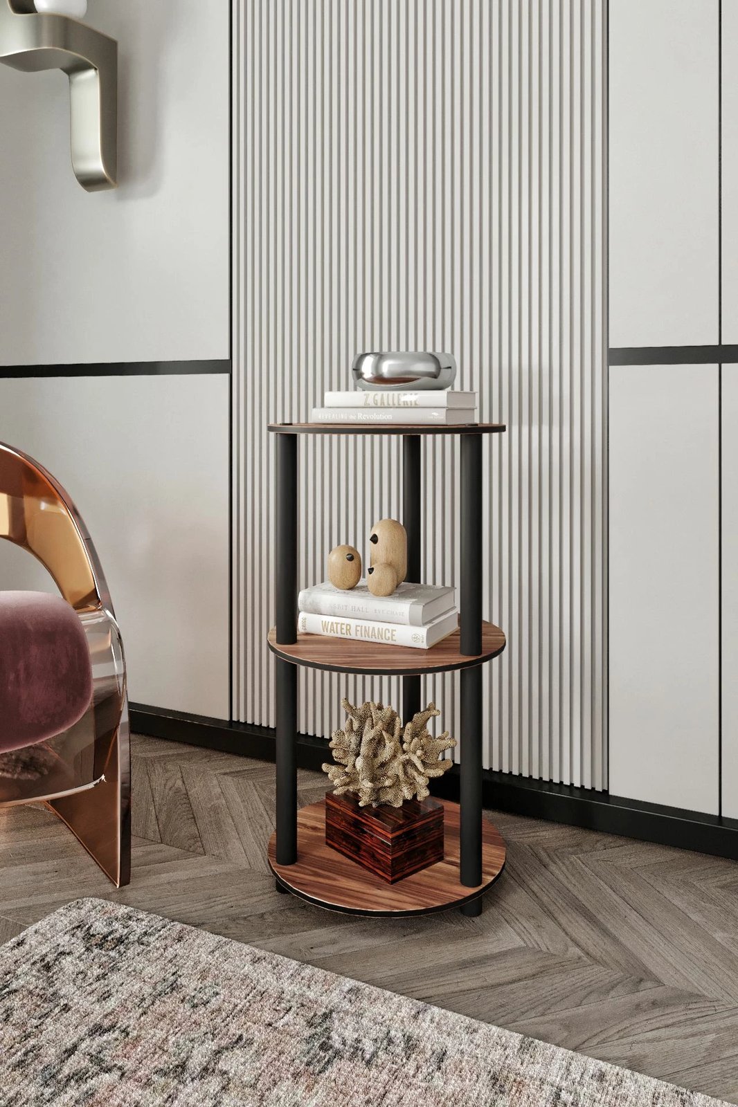 Raft librash, 3 kate, i rrumbullakët, ngjyrë arre, Skye Decor