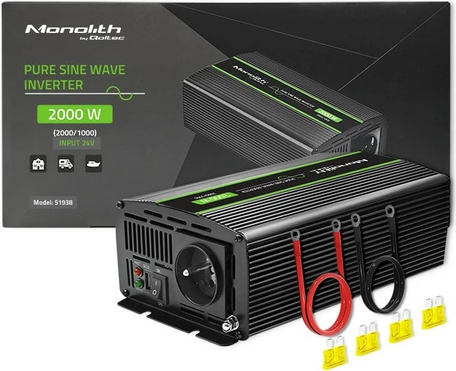 Konvertues tensioni Qoltec Monolith, 2000W/1000W, 24V në 230V, pure sine wave, i zi Konvertues tensioni Qoltec Monolith, 2000W/1000W, 24V në 230V, pure sine wave, i zi