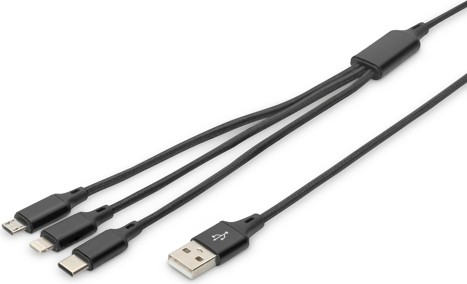 Kabllo karikimi 3-në-1 Digitus, 1 m, USB A, USB C, E zezë Kabllo karikimi 3-në-1 Digitus, 1 m, USB A, USB C, E zezë