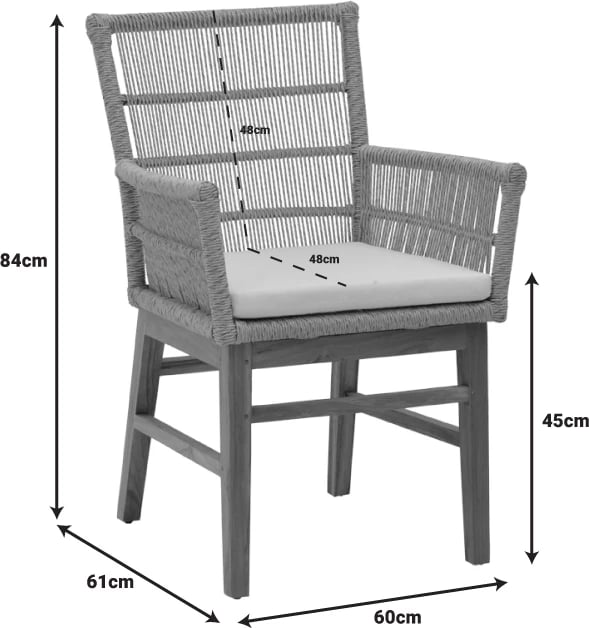 Karrige Inca dru teak dhe litar sintetik, ngjyrë natyrale-e zezë, me jastëk, 60x61x90cm