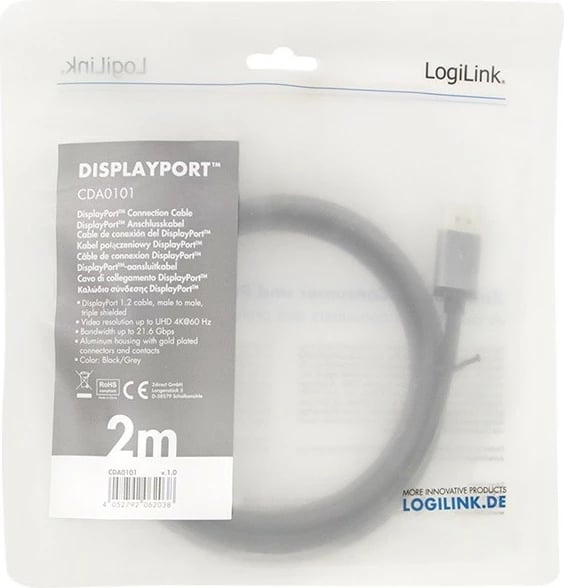 Kabllo DisplayPort LogiLink CDA0101, 2m, 4K/60 Hz, e zezë