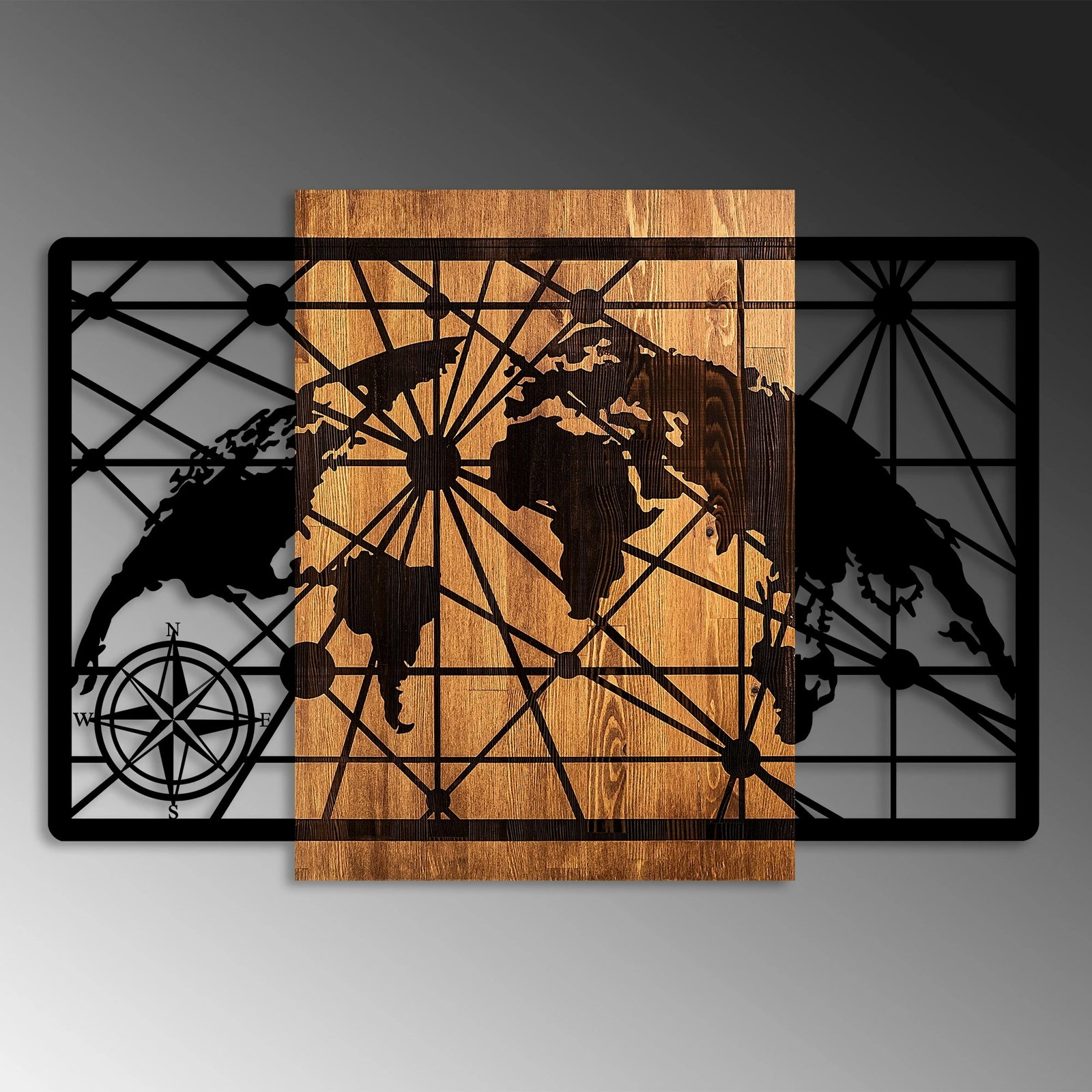 Aksesor dekorativ për mur, hartë bote, dru dhe metal, Wallity, 70x99cm, ngjyrë arre dhe e zezë