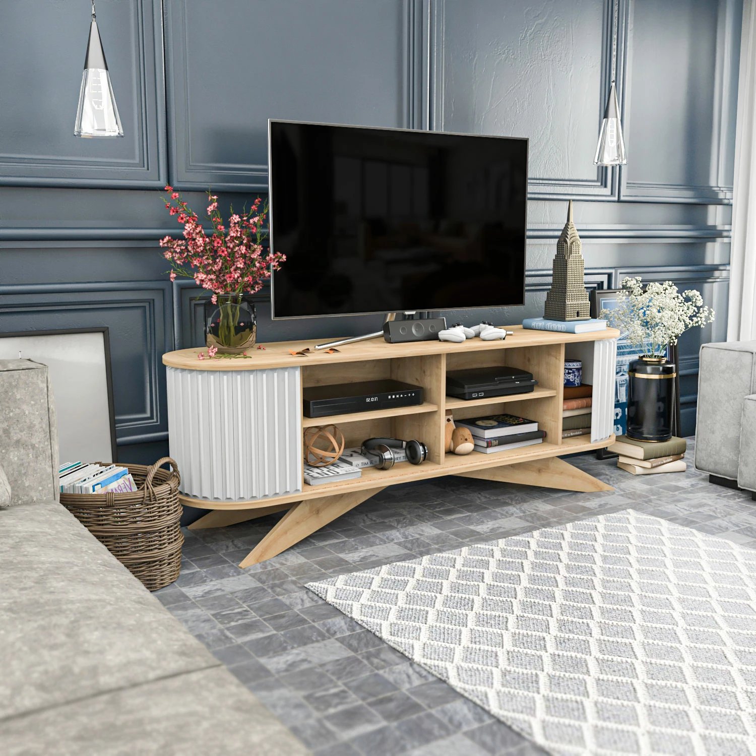 Komodë TV Hanah Home, ngjyrë safir dhe e bardhë, Stor