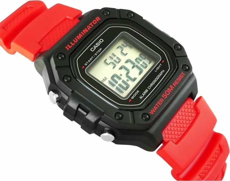 Orë dore për meshkuj Casio W-218H-4B, rrip i kuq, me kuti