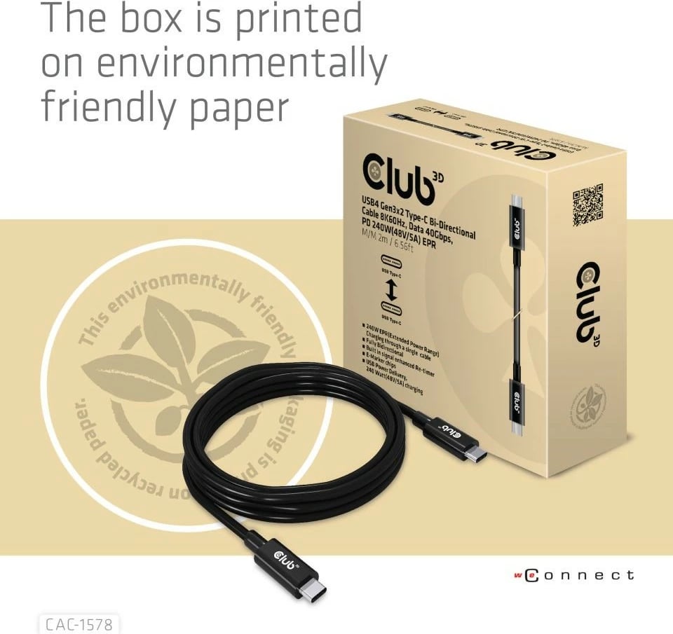 Kabllo USB Type-C Club3D 2m, PD 240W, 40Gbps, e zezë