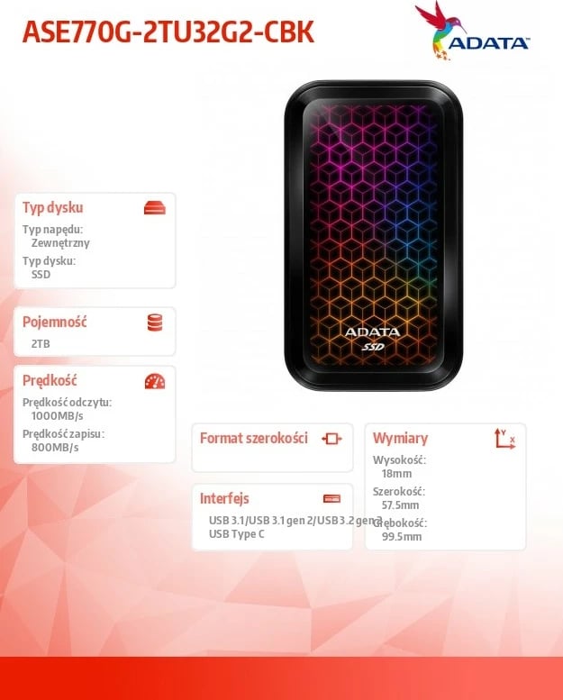 SSD i jashtëm Adata SE770G, 2TB, USB 3.2, RGB, i zi