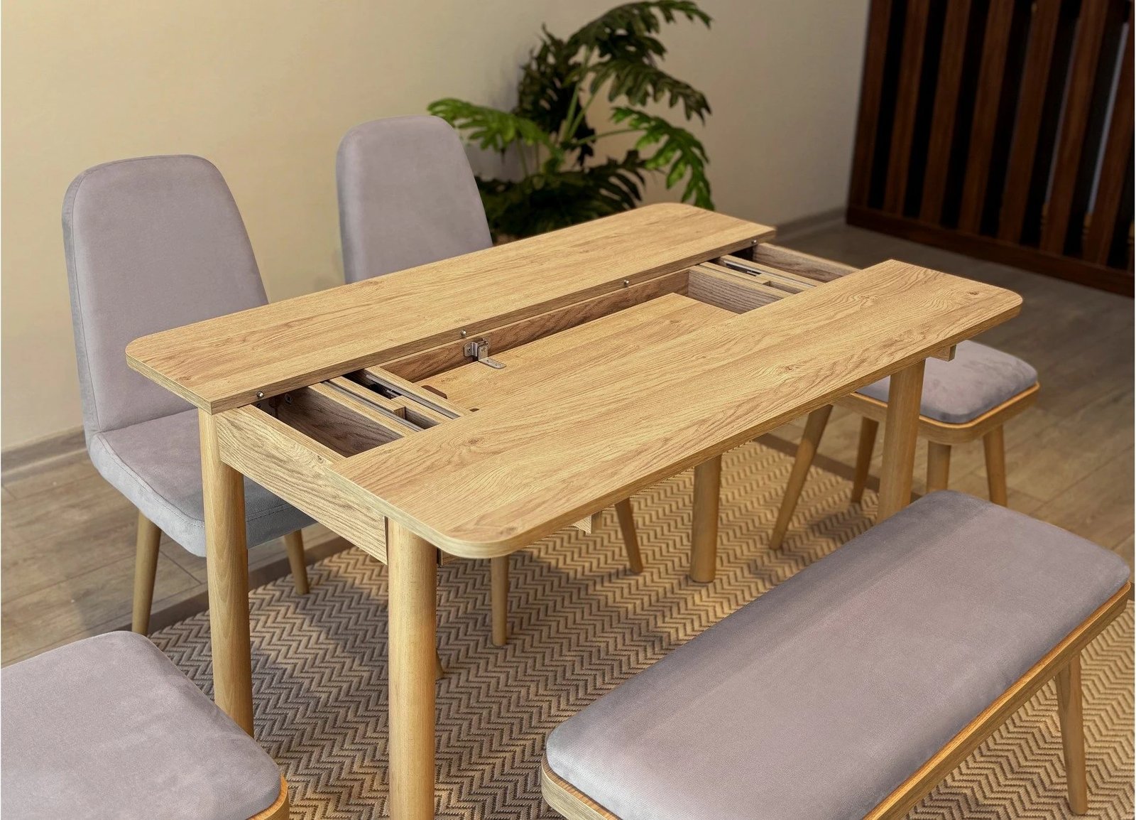 Set tavolinë me karrige për ngrënie, zgjatues, 6 pjesë, Skye Decor, Vina Mini 03 0701, ngjyrë lisi, Soho gri