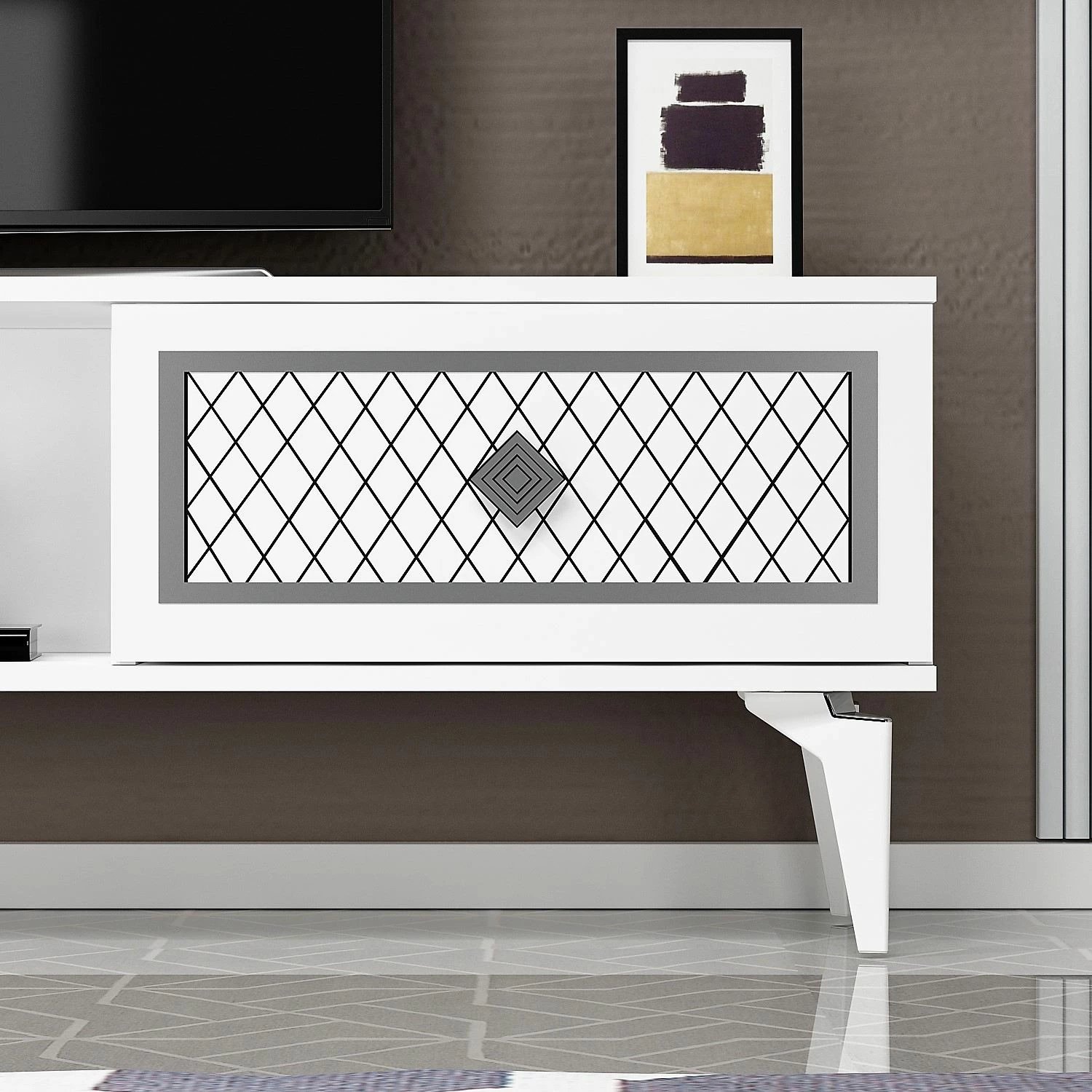 Komodë TV Skye Decor, e bardhë, argjend