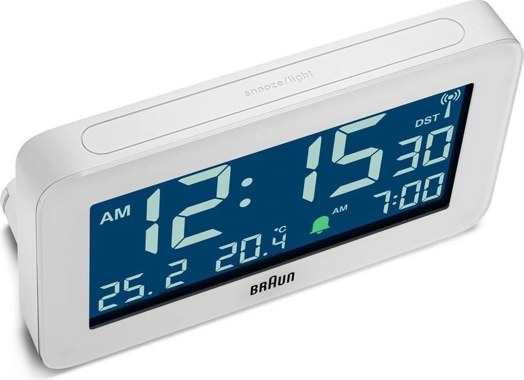 Alarm digjital Braun BC10, ekran LCD, termometër, orar 12/24h, bardhë Alarm digjital Braun BC10, ekran LCD, termometër, orar 12/24h, bardhë