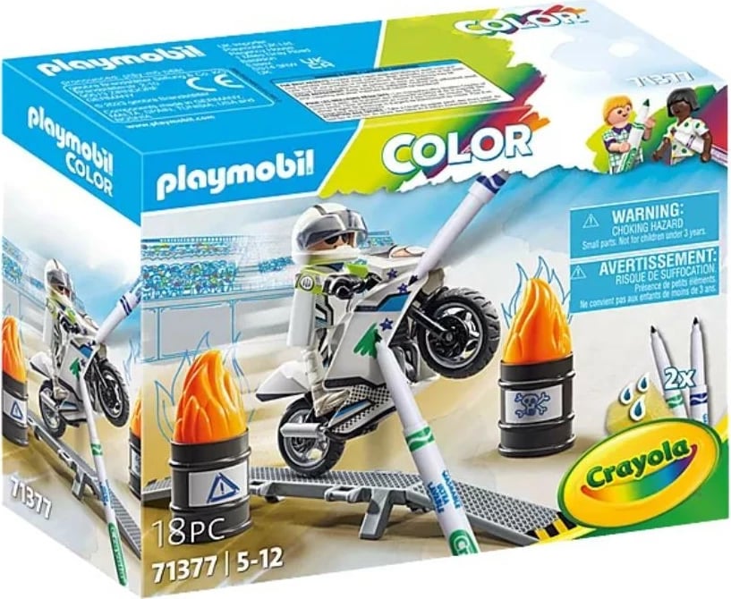 Set lodër Playmobil Color 71377, motoçikletë, me pisakë Crayola, 18 pjesë