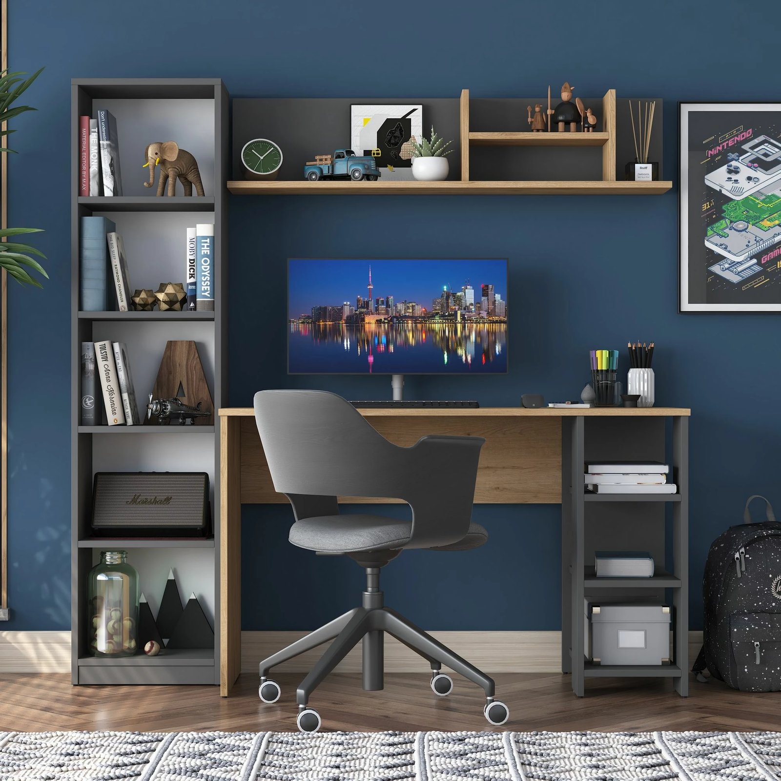 Set tavoline studimi me raft librash Skye Decor, HA125 - 2699, ngjyrë arre dhe antracit