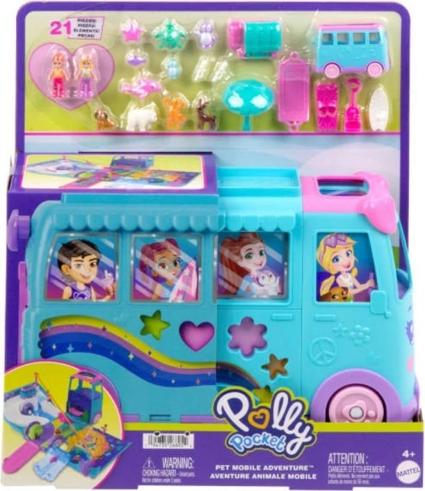 Set lodrash Polly Pocket Travel Van, Mattel JCC22, me 2 kukulla dhe 21 aksesorë, shumëngjyrësh