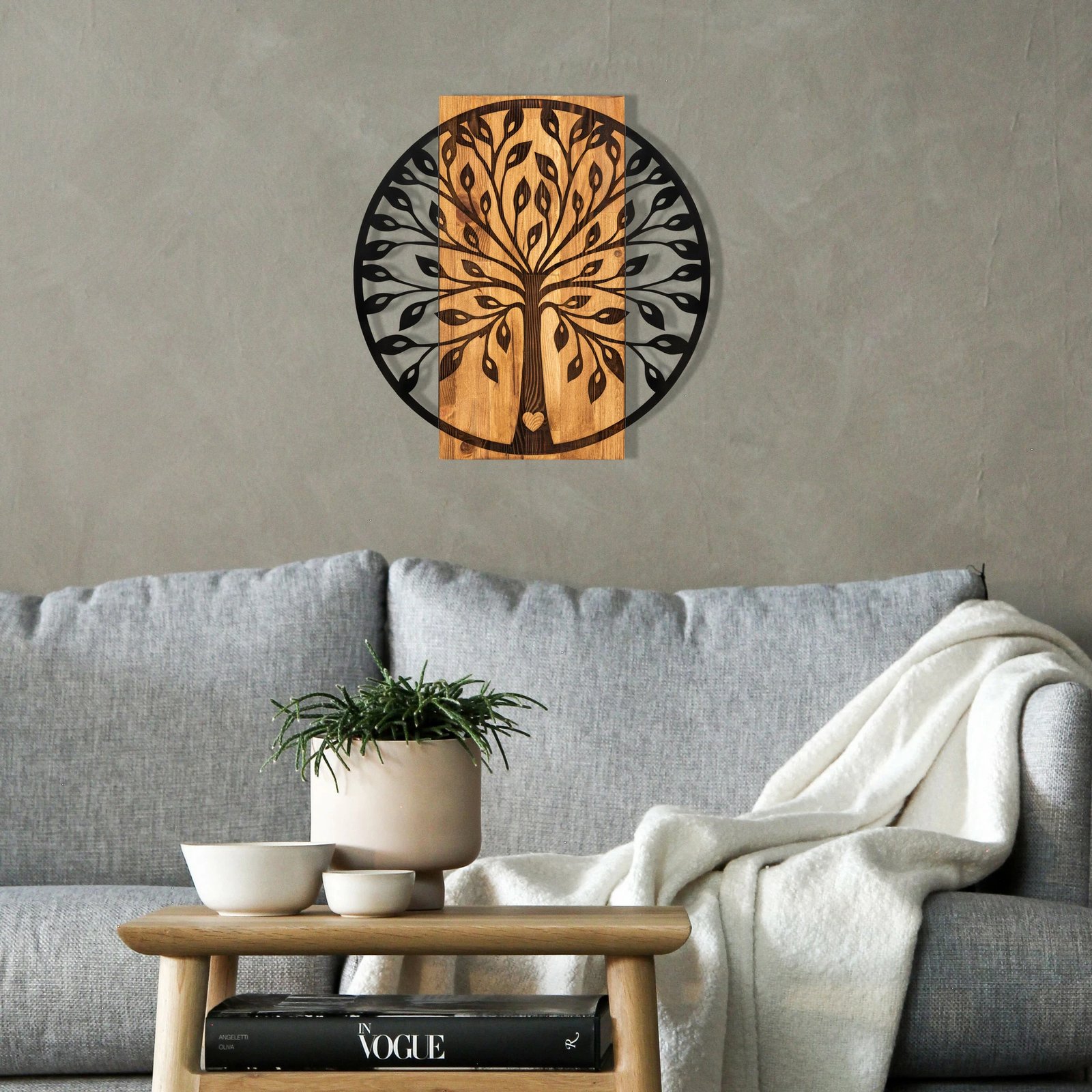 Aksesor dekorativ për mur, dru dhe metal, Wallity Zehre, ngjyrë e zezë dhe arre, 56x58cm