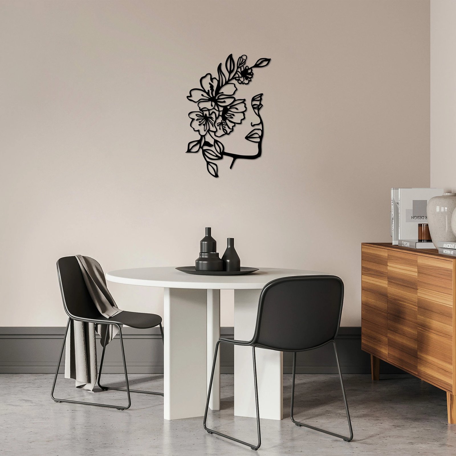 Aksesor dekorativ metalik për mur, Wallity, grua me lule