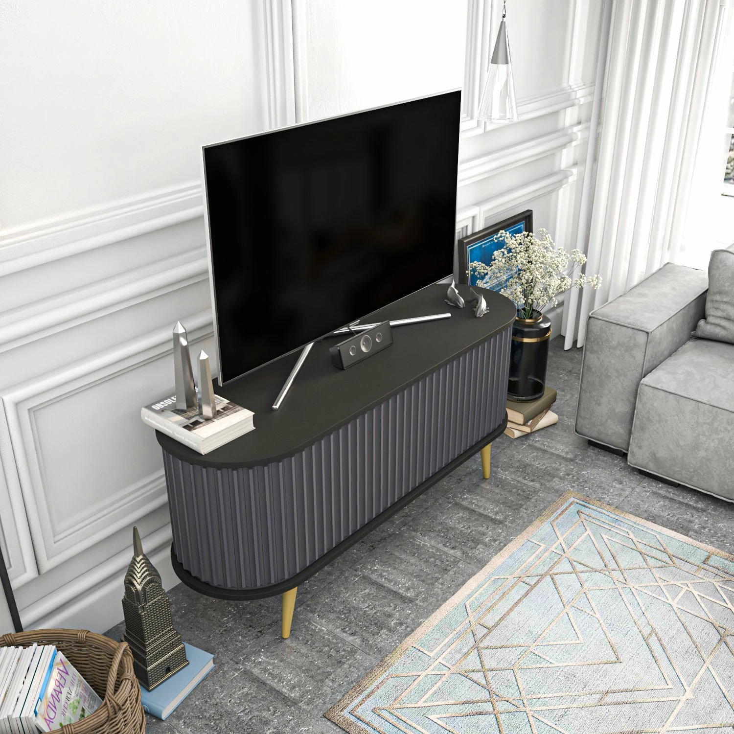 Komodë TV Skye Decor, e madhe, ngjyrë e zezë dhe antracit