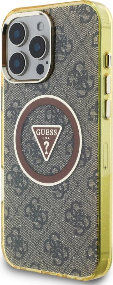 Mbështjellës Guess IML Metal Glitter 4G Circle Triangle MagSafe për iPhone 16 Pro, Kafe